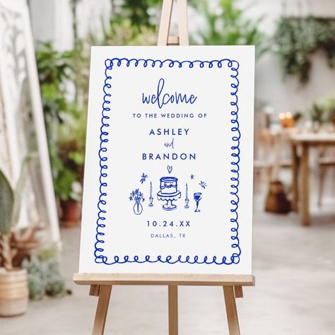 Hand Drawn Blue French Fun Wedding Welcome Template Blue Welcome Sign, Blue Red Wedding, Welcome Template, Sweet Rain, Hand Drawn Wedding, Engagement Celebration, Blue French, Future Wedding Plans, Wedding Welcome Sign