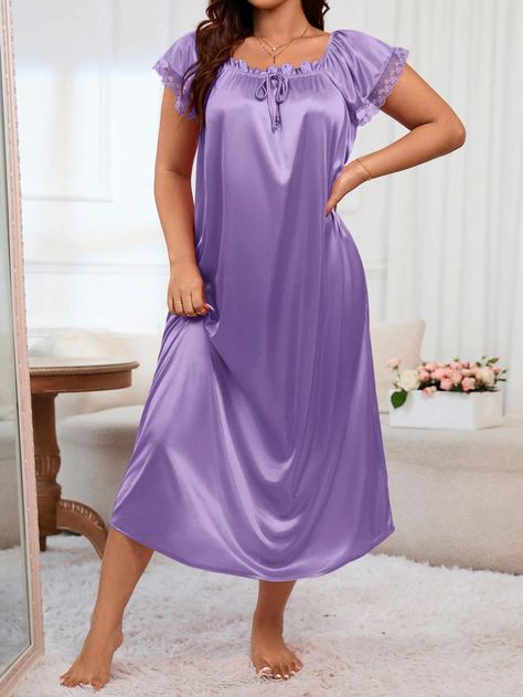 Plus Size Square Neck Bow Embellished Nightgown Purple Elegant  Cap Sleeve Knitted Fabric Plain Nightgowns Slight Stretch All Women Plus Sleep & Lounge, size features are:Bust: ,Length: ,Sleeve Length: Honeymoon Outfits Night, Nightgown Purple, Beautiful Nightgown, Honeymoon Outfits, Fashion Dresses Online, Grandma Core, Neck Bow, Everyday Fashion Outfits, Sleep Dress