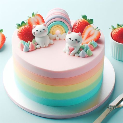 Kawaii Cat Cake, Easy Cat Cake Birthday, Cat Theme Cake Kid Birthdays, Rainbow Cat Cake, Kitty Cat Birthday Cake, Cat Theme Cake, Cat Themed Birthday Cake, Mini Mouse Birthday Cake, Bakery Shop Interior