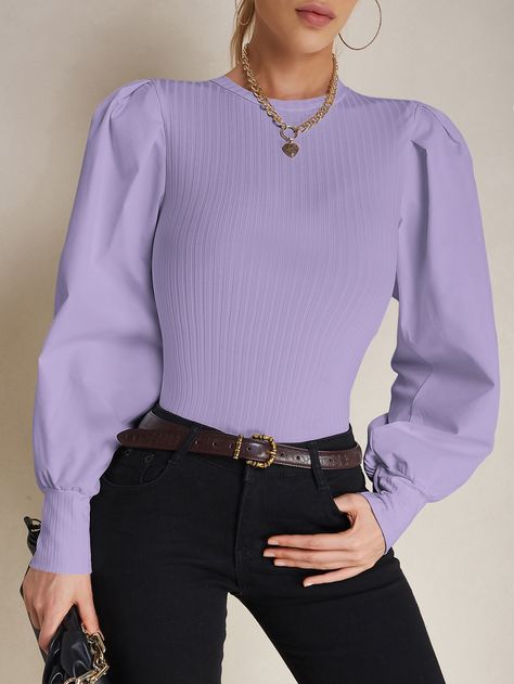 Lilac Purple Elegant  Long Sleeve Polyester Plain  Embellished High Stretch Spring Women Tops, Blouses & Tee Lilac Tops Outfit, Lavender Blouse Outfit, Lilac Wardrobe, Purple Blouse Outfit, Lavender Top Outfit, Lavender Outfit Ideas, Purple Tops For Women, Purple Shirt Outfits, Purple Top Outfit