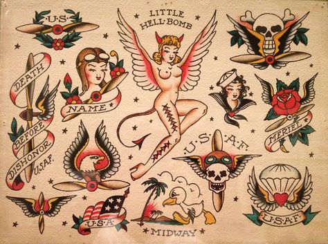 Sailor Jerry Flash, Sailor Jerry Tattoo Flash, Old School Ink, Traditional Tattoo Flash Art, Famous Tattoo Artists, Airplane Tattoos, Sailor Jerry Tattoos, Retro Tattoos, Traditional Tattoo Sleeve