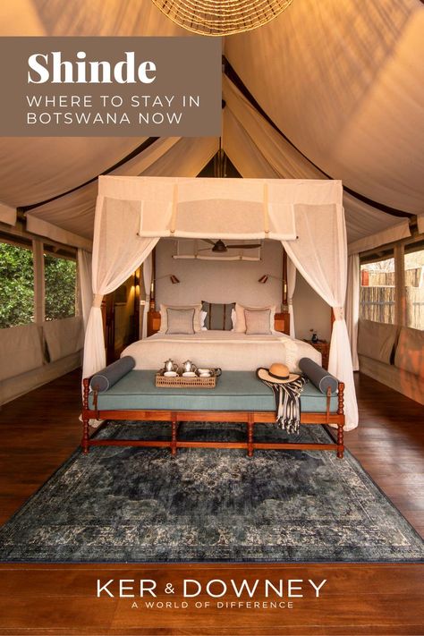 Shinde in Botswana is nestled on a lush palm-dotted island in the heart of the northern Okavango Delta. Located at the edge of a lagoon, this luxury tented safari camp is surrounded by clear waterways flowing over yellow sands and past palm-fringed islands teeming with birdlife and game. Delight in the best game viewing and bird watching in some of the most luxurious surroundings in the Delta. Modern En Suite, Botswana Safari, Safari Camp, Tent House, The Best Game, Okavango Delta, Tent Decorations, Luxury Safari, Front Deck