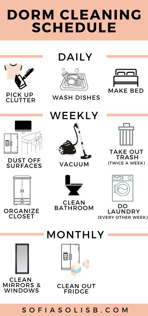 College Dorm Cleaning Schedule, Dorm Organization Hacks, Dorm Cleaning, Bu Jo, College Checklist, Student Dorm, Dorm Sweet Dorm, Student Apartment, Dorm Room Hacks