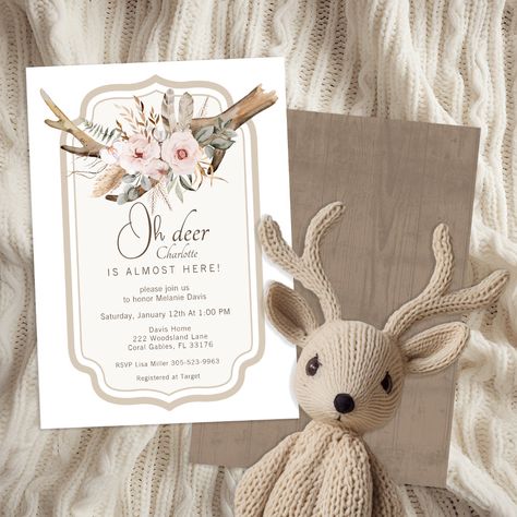 Deer Baby Shower Girl, Hunting Baby Shower Theme, Deer Watercolor, Deer Theme, Country Baby Shower, Deer Baby Showers, Bow Baby Shower, Deer Baby, Boho Baby Shower Invitations