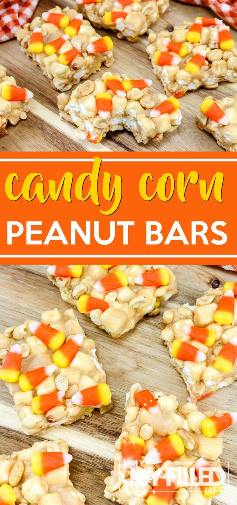 These candy corn peanut bars are super fun for any harvest party, fall occasion, or even an after-school snack. #candycorn #falltreat #dessert Uses For Candy Corn, Harvest Treats For School, Corn Candy Recipe, Candy Corn Peanut Bars, Fall Snacks To Sell, Fall Cracker Candy, Harvest Party Food Ideas, Candy Corn Dessert Recipes, Candy Corn Treats