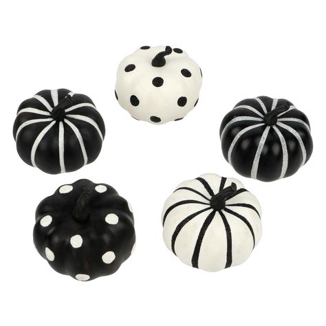 "Purchase the Black & White Pumpkins by Ashland®, 6ct. at Michaels. Add fun flair to your Halloween floral and décor projects with these miniature black and white pumpkins from Ashland. Add fun flair to your Halloween floral and décor projects with these miniature black and white pumpkins from Ashland. Scatter with creepy spiders and bats across a orange cloth on your dining table or add to a bowl along with skulls and glass orbs on a mantel for a display full of spooky fun in your home. Details Black Pumpkin Decor, Black And White Fall Decor, Black And White Halloween Decor, Black And White Pumpkins, Lighthouse Bathroom, White Pumpkin Decor, White Party Theme, Halloween Outside, Halloween Ball