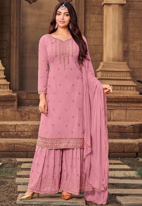 Pink Sharara, Georgette Tops, Sharara Suit, Salwar Kamiz, Gowns For Girls, Salwar Kameez Designs, E 40, Georgette Fabric, Wholesale Dress