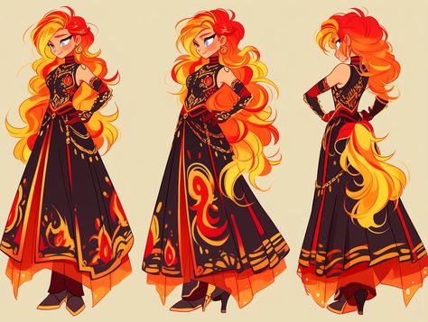 Flame Hair Character Design, Fire Clothes Drawing, Fire Hair Character Design, Fire Goddess Outfit, Flaming Hair Drawing, Fire Hair Character, Fire Characters Design, Fire Themed Character Design, Fire Witch Character Design