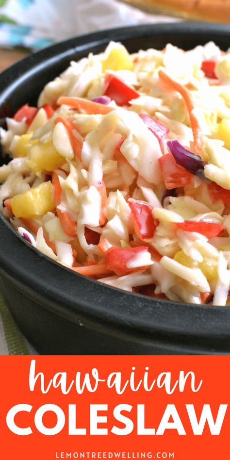 This Hawaiian Cole Slaw is loaded with fresh pineapple, red pepper, shredded carrots, crunchy macadamia nuts, and a sweet, creamy honey dressing. Hawaiian Cole Slaw, Hawaiian Coleslaw, Margaritaville Party, Healthy Coleslaw, Creamy Honey, Honey Dressing, Side Salads, Homemade Coleslaw, Shredded Carrots