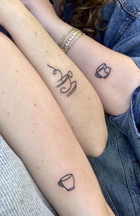 Sister teacup tattoos Matching Mug Tattoo, Simple Teacup Tattoo, Teapot And Teacup Matching Tattoo, Teacup Tattoo Tiny, Tea Tattoos, Cup Of Tea Tattoo, Tea Cup Tattoo, Mug Tattoo, Tea Tattoo