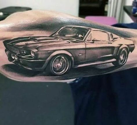 Mustang Car Tattoo, Muscle Car Tattoo, Mustang Tattoo Ideas, Car Tattoo Design, Mustang Tattoo, Muscle Car Ads, Holden Muscle Cars, Classic Camaro, Male Muscle