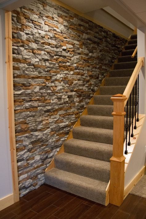 Stone Wall Stairs, Stone Wall Interior Stairway, Stone Stairs Indoor, Faux Stone Half Wall Interior, Natural Stone Stairs Interior, Basement Wall Panels, Artificial Stone Wall, Stone Veneer Exterior, Stone Siding Panels