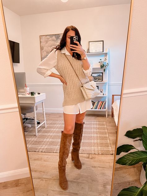 Classic preppy outfit with sweater vest dress and brown knee high boots Knee Boots And Dress Outfit, Tan Knee High Boots Outfit Winter, White And Khaki Outfit, White Boot Outfit Fall, Button Dress Outfit, High Boots Outfit Winter, White Button Up Dress, Preppy Chic Outfits, Tan Knee High Boots