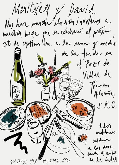 wedding inspo, wedding invitations, save the date, aesthetic #kikimakes #linedrawing #spanishfood #weddingplanning #weddingideas #wine #winedrawing #simpledrawing #funweddingideas Save The Date Drawing, Save The Date Aesthetic, Aesthetic Invitations, Butter Illustration, Aesthetic Invitation, Sketch Menu, Wedding Sketch, Hand Drawn Invitation, Evening Wedding Invitations