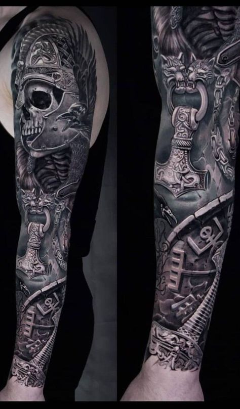 Celtic Sleeve Tattoos, Viking Tattoos For Men, Shoulder Armor Tattoo, Viking Warrior Tattoos, Warrior Tattoo Sleeve, Viking Tattoo Sleeve, Blackpool England, Armor Tattoo, Skull Sleeve Tattoos