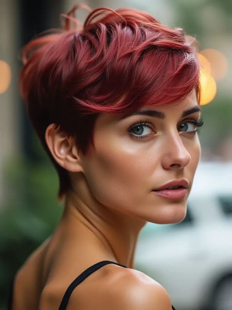 Red Hair Pixie, Red Hair Pixie Cut, Brunette Pixie Cut, Platinum Pixie Cut, Brunette Pixie, Long Face Shapes, Autumn Hair, Blonde Pixie Hair, Pixie Haircut For Thick Hair