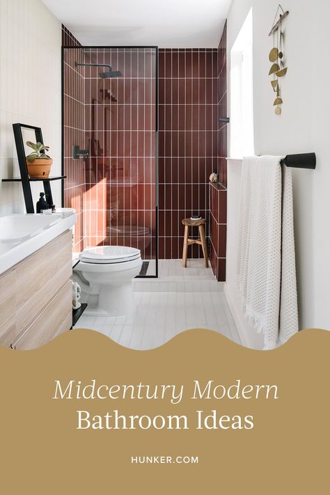 Midcentury Bathroom Door, Tiny Mcm Bathroom, Mid Century Farmhouse Style Bathroom, Midcentury Small Bathroom, Midcentury Shower Tile, Mid Century Modern Bathroom Small Interior Design, Bathroom Design Mid Century Modern, Mid Century Modern Bathroom Cabinets, Mid Century Modern Tiny Bathroom