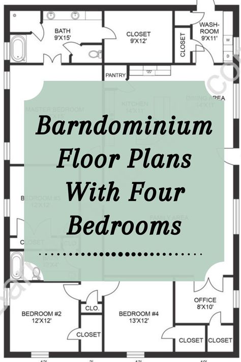 This 4 bedroom layout features a spacious open concept kitchen, dining area, and family area, which is just perfect for a large family. It also features a spacious master bedroom equipped with a spacious bath and closet, as well as an office located on the other end of the house for working from home. 4 Bedroom Master Down Floor Plan, Open Floor Plan Inspiration, 4 Bedroom Open Concept Floor Plans, Simple Open Concept Floor Plans, Rectangle House Plans 4 Bedroom, Inexpensive Houses To Build 4 Bedroom, 4 Bedroom Open Floor Plan Barndominium, Modular Home Floor Plans 4 Bedroom, Simple Barndominium Ideas 4 Bedroom