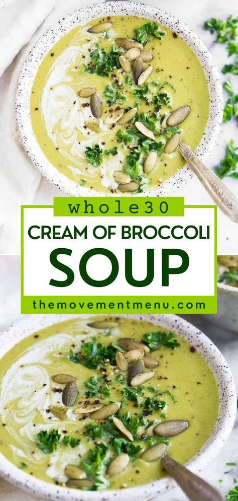 There's so much to love about this easy cream of broccoli soup! Not only is it filled with nutrients and veggies, but it is also creamy and delicious. Put this on your rotation of Whole30 dinner ideas! Broccoli Soup Whole 30, Healthy Broccoli Soup Clean Eating, Healthy Cream Of Broccoli Soup, Paleo Broccoli Soup, Dairy Free Cream Of Broccoli Soup, Cream Of Broccoli Soup Recipe Healthy, Broccoli Soup Dairy Free, Recipe For Cream Of Broccoli Soup, Broccoli Chowder