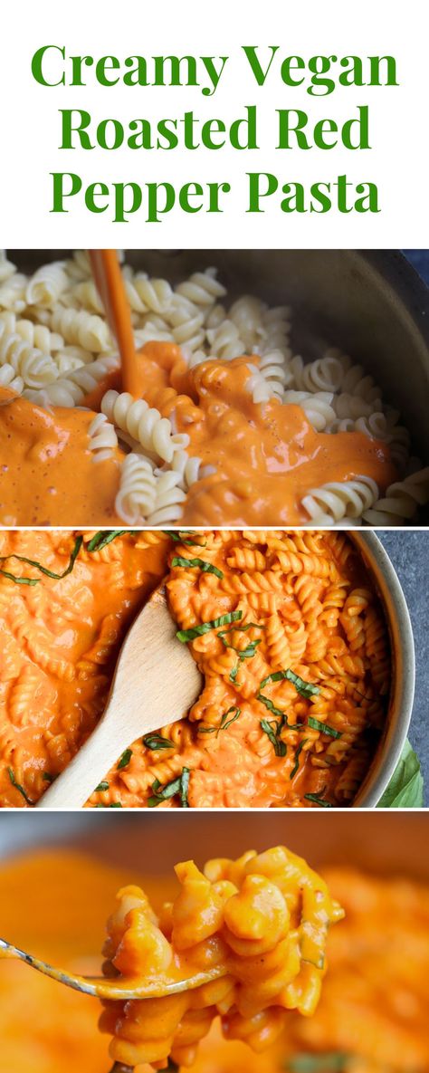 A collage image with the text "creamy vegan roasted red pepper pasta." The first image shows the sauce being poured onto the pasta, the second image shows the pasta being stirred. The third image shows a forkful of creamy roasted red pepper pasta, ready to eat. Roasted Red Pepper Pasta Healthy, Red Peppers Side Dish, Red Pepper Hummus Pasta, Fast Pasta Recipes, Micro Biome, Hummus Pasta, Red Pepper Recipes, Easy Pasta Sauce, Roasted Red Pepper Pasta