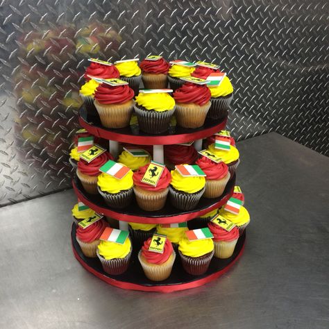 Ferrari cupcake tower Ferrari Cupcakes, Car Birthday, Cupcake Tower, Birthday Idea, Mini Donuts, Ferrari Car, 12th Birthday, Cars Birthday, Bday Ideas