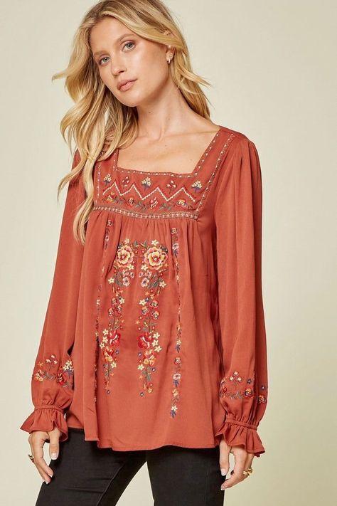 Body Positive Fashion, Embroidered Tops, Chiffon Fashion, Embroidery Top, Pretty Blouses, Cute Embroidery, Frock Design, Hottest Fashion Trends, Babydoll Top