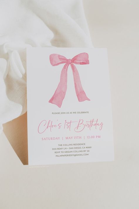 Bow Birthday Invitation Girl, Digital Download Template, Ribbons Bows, Pink, Editdable Templett - Etsy Bows Birthday Theme, Pink Theme Party Ideas, Bow Birthday Invitation, Pink Bow Theme Party, Bow Birthday Theme, Pink Bow Party, Bow Party Theme, Pink Bow Birthday Party, Bow Birthday Party Ideas