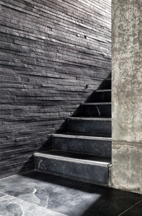 The House Cast in Liquid Stone by SPASM Design Architects. Layered slices of stone to create a wall cladding House Cast, Stair Wall, Staircase Wall, Stone Architecture, Stone Cladding, Black And White Photograph, Interior Stairs, Jairzinho, Wall Cladding