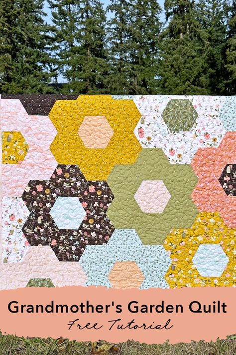 Join us on the blog for a free quilt tutorial from A Bit of Scrap Stuff to make this grandmother's garden quilt! Fabric is Wild and Free by Burlap and Blossom Patterns for Riley Blake Designs Grandmother's Flower Garden Quilt Pattern, Grandma Quilt Pattern, Easy Flower Quilt Block Free Pattern, Free Hexagon Quilt Patterns, Grandmother's Garden Quilt, Grandmas Flower Garden Quilts, Grandmothers Flower Garden Quilt Pattern, Hexagon Quilt Pattern Free, Hexagon Flower Quilt