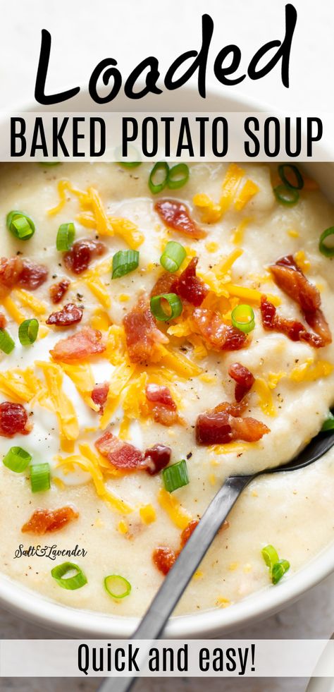 This loaded baked potato soup recipe is easy, hearty, and comforting. This is the best cozy and creamy soup, and it's got plenty of bacon and cheddar! Toppings For Potato Soup, One Pot Loaded Baked Potato Soup, Bake Potatoes Soup, Loaded Potato Bacon Soup, Small Batch Loaded Baked Potato Soup, Easy Cheddar Potato Soup, Potatoes Soup Recipes Easy, Loaded Baked Potato Chowder, Gluten Free Potato Bacon Soup