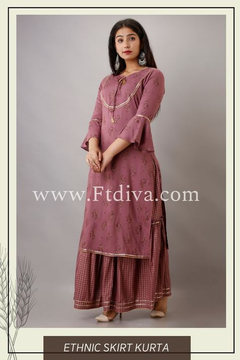 Presenting Jaipurite Premium Rayon Festive straight Kurti with skirt in Purple. Features Round Neckline,Jacketed Pattern ,Three Fourth sleeve, Superfined Gold Print. Designed For Special Occassion. Fabric is gentle to skin and durable as well.Shipping Within one Week.Available in All Sizes From Small to Plus size. #ethnicwear #womenswear #Longskirt #skirt #trendydesign #regularanarkaligown #flaredgown #jaipurite #jaipurcollection #fashionoutfit #style #fashion #trendingdress #printedkurti Kurti With Skirt, Festive Kurti, Kurti Skirt, Gota Work, Anarkali Kurta, Anarkali Gown, Printed Kurti, Gold Print, Jacket Pattern