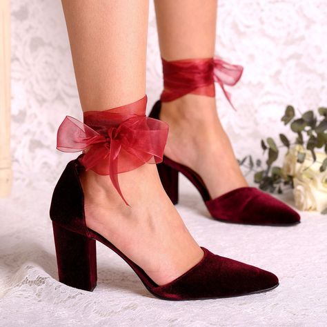 Burgundy Velvet Pointy Toe Block Heel with Wrapped Ankle Tie, Women Wedding Shoes, Bridesmaid Pumps, Evening Shoes Velvet Wedding Shoes, Shoes Bridesmaid, Wedding Burgundy, Velvet Wedding, Burgundy Heels, Burgundy Shoes, Tie Women, Bridal Heels, Velvet Interiors