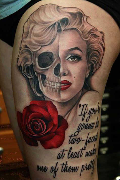 Marilyn Monroe Quote Tattoos | Tattoo Ideas, Artists and Models Pretty Skull Tattoos, Skull Face Tattoo, Girly Skull Tattoos, Monroe Tattoo, Skull Tattoo Designs, Marilyn Monroe Tattoo, Feminine Skull Tattoos, Sugar Skull Tattoos, Two Faced