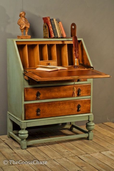 Beautifully upcycled bureau ... leaving some of the original wood exposed combined with heritage green distressed paintwork makes for a very attractive end result. Desk Secretary, Upcycled Desk, Writing Bureau, House Storage, Secretary Desk, Furniture Rehab, Refurbished Furniture, Furniture Restoration, Paint Furniture