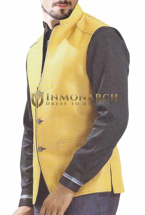 Mens Yellow Waistcoat NAMO Vest Patch Pocket Nehru Jacket Nehru Waistcoat, Yellow Waistcoat, Groom Vest, Indian Wedding Clothes For Men, Wedding Vest, Vest Patches, Collar Vest, Indian Men Fashion, Nehru Jacket