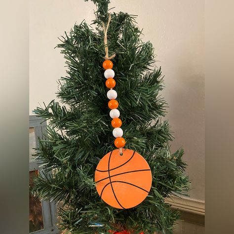 Basketball Ornament Wood Bead Garland Style. New Item. Great For A Basketball Fan Or A Basketball Mom Or Dad. The Jute Hanger Helps You Hang It From Any Plant Or On A Christmas Tree Or Hanging Off Of A Tiered Tray. In Box Up-6 Basketball Ornaments Diy, Holiday Wreath Craft, Nightmare Before Christmas Ornaments, Frog Ornaments, Ornament Ideas, Glass Christmas Tree Ornaments, Snoopy Christmas, Bead Garland, Wood Bead Garland