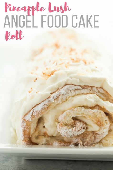 This Pineapple Lush Angel Food Cake Roll is a new twist on the popular Angel Lush recipe! It's a fun dessert for Easter or Spring that's big on flavour and not too heavy. The perfect way to end a big holiday dinner! Includes step by step recipe video. | dessert | easy | easter | spring | coconut | cake mix | #dessert #cake #pineapple #easter Angel Food Cake Roll, Pineapple Lush, Dessert For Easter, Lush Cake, Cake Pineapple, Lush Recipes, Angel Food Cake Desserts, Roll Cakes, Cake Rolls