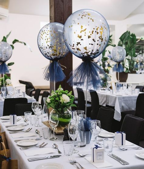 452 Likes, 8 Comments - Boutique Balloons Melbourne (@boutique_balloons_melbourne) on Instagram: “Close up of our navy and gold tulle balloons #balloonsmelbourne #tulleballoons #melbourneballoons…” Tulle Balloons, Hiasan Perkahwinan, Reception Tent, Balloon Holders, Plastic Balloons, Decoration Evenementielle, Tafel Decor, Clear Balloons, Balloon Stands