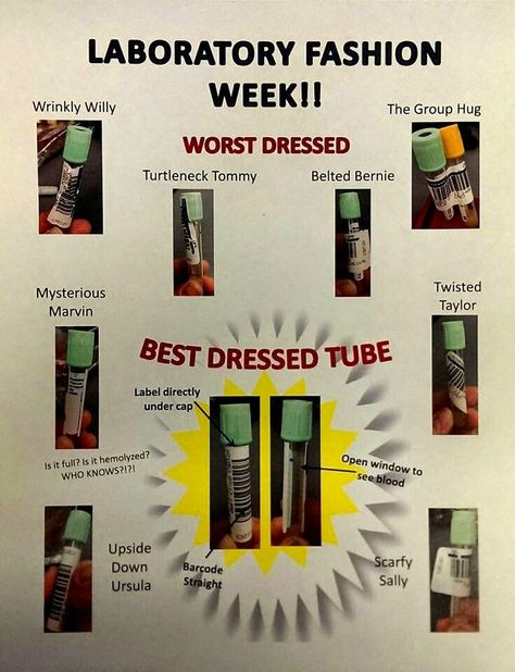 Do you already know Wrinky Willy and Twisted Taylor? Meet the best and worsed dressed tubes. Difficult Patients Humor, Lab Week Games, Hematology Lab, Laboratory Humor, Phlebotomy Humor, Laboratory Idea, Pharmacy Week, Funny Labs, Lab Humor