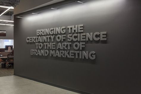 Entrance: Mission Statement Wall Mission Statement Wall Design, Office Mission Statement Wall, Company Entrance Design, Office Statement Wall, Office Branding Ideas, Mission Statement Design, Office Graphics, Mission Statements, Head Quarters