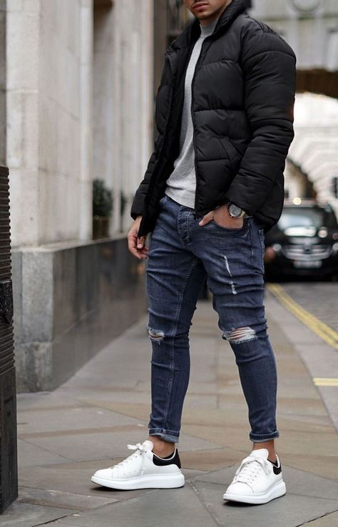 Grey Jumper Outfit Men, Grey Sweater Outfit Men, Black And White Outfit Ideas Men, Grey Sweater Outfit Mens, Black Jacket Outfit Mens, White Sneakers Men Outfit, Grey Jacket Outfit Men, Black Sneakers Outfit Men, White Sneakers Outfit Men