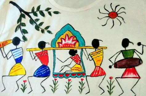 Warli painting.... Varli Painting Art On Fabric, Fabric Canvas Art, Worli Painting, Warli Painting, Cup Diy, Warli Art, Cup Cup, Human Drawing, Mandala Art Lesson