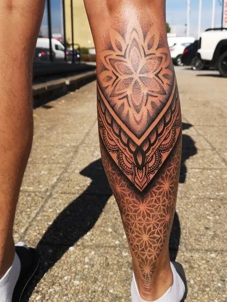 Mandala Calf Tattoo Womens Half Leg Sleeve Tattoo, Calf Mandala Tattoo Men, Mandala Tattoo Legs For Women, Womens Mandala Leg Tattoo, Leg Sleeve Mandala Tattoo, Large Calf Tattoo, Women’s Calf Tattoo Ideas, Back And Side Tattoo, Mandala Tattoo Calf For Women