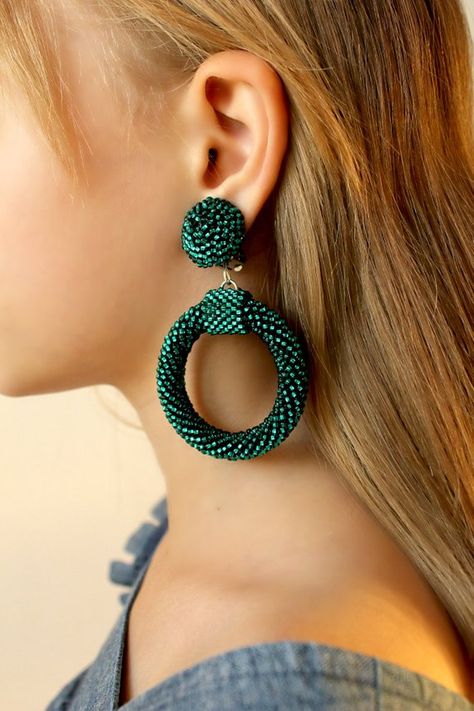 Beaded Pompom, Green Hoop Earrings, Pompom Earrings, Bead Earring, Earrings Emerald, Long Tassel Earrings, Emerald Bead, Unique Accessories, Tassel Jewelry