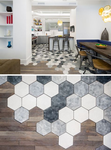 19 Ideas For Using Hexagons In Interior Design And Architecture Laminate Flooring In Kitchen, Diy Casa, 아파트 인테리어, Hexagon Tiles, Kitchen Floor Tile, New York Apartment, Trendy Kitchen, Floor Design, On The Floor