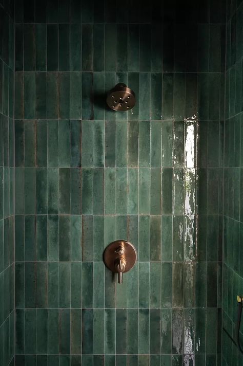 Emerald Green Shower Tile, Bold Powder Room, Zellige Tile Bathroom, Emerald Green Bathroom, Green Shower Tile, Fun Tile, Cottage Bathroom Ideas, Green Tile Bathroom, Unique Pendant Lights