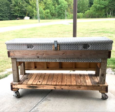 Repurposed Aluminum Truck Box Truck Tool Box Repurposed, Truck Toolbox Ideas, Truck Tool Box Ideas, Shop Hacks, Grilling Area, Garage Workbench, Small Cabin Plans, Garage Workshop Organization, Dirty Kitchen