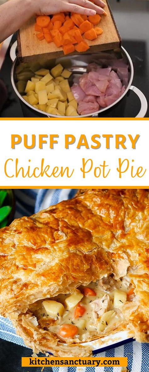 Chicken Pie Puff Pastry, Chicken Pot Pie Recipe Puff Pastry, Chicken Pie Recipe Easy, Creamy Chicken Pie, Pie With Puff Pastry, Puff Pastry Chicken, Veggie Pies, Chicken Pot Pie Filling, Homemade Chicken Pot Pie