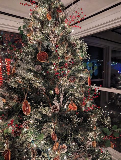 A lightly flocked Christmas tree decorated with dried citrus such as lemons, limes, oranges, and grapefruit, holly berries, white babys-breath flowers, pinecones, and white lights. This Christmas tree has branches, holly berries and eucalyptus poking out from the tree as well. Christmas Tree With Pinecones And Berries, Fairycore Christmas Tree, Christmas Tree With Gypsophila, Christmas Tree With Dried Flowers, Christmas Tree Baby Breath, Christmas Tree With Babysbreath, Christmas Tree Eucalyptus, Gypsophila Christmas Tree, Pagan Christmas Tree Yule Decorations