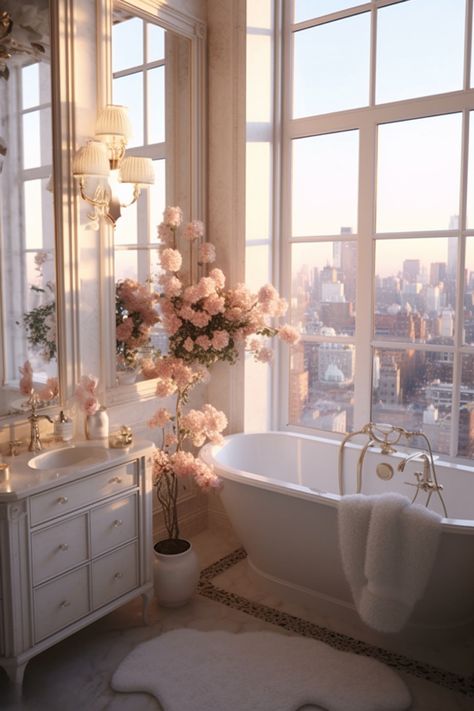 Bathroom With Flowers, Fancy Bathroom Decor Luxury, Pink Princess Bathroom, Ethereal Bathroom Aesthetic, Dream House Decor Bathroom, Pretty Bathtub, Cute Aesthetic Bathroom, Princess Apartment Aesthetic, Feminine Bathrooms